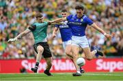 27 July 2025; David Clifford of Kerry has a shot on goal despite the efforts of Donegal goalkeeper Shaun Patton during the GAA Football All-Ireland Senior Championship final match between Kerry and Donegal at Croke Park in Dublin. Photo by Stephen McCarthy/Sportsfile