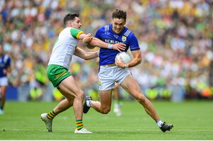 27 July 2025; David Clifford of Kerry in action against Brendan McCole of Donegal during the GAA Football All-Ireland Senior Championship final match between Kerry and Donegal at Croke Park in Dublin. Photo by Stephen McCarthy/Sportsfile