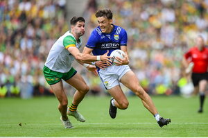 27 July 2025; David Clifford of Kerry in action against Brendan McCole of Donegal during the GAA Football All-Ireland Senior Championship final match between Kerry and Donegal at Croke Park in Dublin. Photo by Stephen McCarthy/Sportsfile