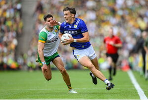 27 July 2025; David Clifford of Kerry in action against Brendan McCole of Donegal during the GAA Football All-Ireland Senior Championship final match between Kerry and Donegal at Croke Park in Dublin. Photo by Stephen McCarthy/Sportsfile