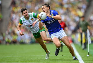 27 July 2025; David Clifford of Kerry in action against Brendan McCole of Donegal during the GAA Football All-Ireland Senior Championship final match between Kerry and Donegal at Croke Park in Dublin. Photo by Stephen McCarthy/Sportsfile