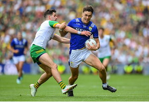 27 July 2025; David Clifford of Kerry in action against Brendan McCole of Donegal during the GAA Football All-Ireland Senior Championship final match between Kerry and Donegal at Croke Park in Dublin. Photo by Stephen McCarthy/Sportsfile
