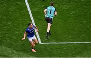 27 July 2025; Joe O'Connor of Kerry celebrates after scoring his side's first goal past Donegal goalkeeper Shaun Patton during the GAA Football All-Ireland Senior Championship final match between Kerry and Donegal at Croke Park in Dublin. Photo by Piaras Ó Mídheach/Sportsfile