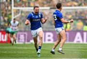 27 July 2025; Tadhg Morley, left, and David Clifford of Kerry celebrate their side's late goal during the GAA Football All-Ireland Senior Championship final match between Kerry and Donegal at Croke Park in Dublin. Photo by David Fitzgerald/Sportsfile