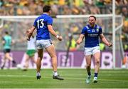 27 July 2025; David Clifford, left, and Tadhg Morley of Kerry celebrate their side's late goal during the GAA Football All-Ireland Senior Championship final match between Kerry and Donegal at Croke Park in Dublin. Photo by David Fitzgerald/Sportsfile
