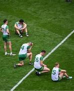 27 July 2025; Donegal players, from left, Caolan McColgan, Michael Langan, Michael Murphy, Jason McGee and Oisin Gallen after the final whistle of the GAA Football All-Ireland Senior Championship final match between Kerry and Donegal at Croke Park in Dublin. Photo by Piaras Ó Mídheach/Sportsfile