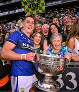 27 July 2025; Joe O'Connor of Kerry, celebrates with the Sam Maguire cup, and his grandmother Joan after the GAA Football All-Ireland Senior Championship final match between Kerry and Donegal at Croke Park in Dublin. Photo by Ramsey Cardy/Sportsfile