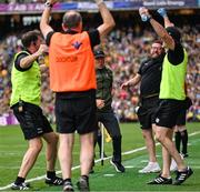 27 July 2025; Kerry manager Jack O'Connor, left, and coach Cian O'Neill celebrate their side's goal, scored by Joe O'Connor, not pictured, during the GAA Football All-Ireland Senior Championship final match between Kerry and Donegal at Croke Park in Dublin. Photo by Ramsey Cardy/Sportsfile