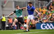 27 July 2025; David Clifford of Kerry shoots at goal despite the attention of Donegal goalkeeper Shaun Patton during the GAA Football All-Ireland Senior Championship final match between Kerry and Donegal at Croke Park in Dublin. Photo by Ramsey Cardy/Sportsfile