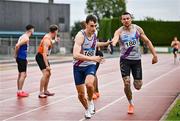 27 July 2025; The Dundrum South Dublin team on their way to winning the premier men's 4x400m relay during the 123.ie National League Final at Tullamore Harriers Athletics Club in Tullamore, Offaly. Photo by Sam Barnes/Sportsfile
