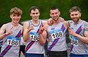 27 July 2025; The Dundrum South Dublin team after winning the premier men's 4x400m relay during the 123.ie National League Final at Tullamore Harriers Athletics Club in Tullamore, Offaly. Photo by Sam Barnes/Sportsfile