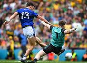 27 July 2025; David Clifford of Kerry shoots past Donegal goalkeeper Shaun Patton only to have his attempt kicked off the line during the GAA Football All-Ireland Senior Championship final match between Kerry and Donegal at Croke Park in Dublin. Photo by Ray McManus/Sportsfile