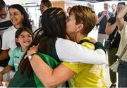 27 July 2025; Erin Friel with her grandmother Bernie on her return to Dublin Aiport from the 2025 European Youth Summer Olympic Festival in Skopje, North Macedonia. Photo by Tyler Miller/Sportsfile