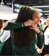 27 July 2025; Erin Friel, left, with team-mate Molly Daly upon their return to Dublin Aiport from the 2025 European Youth Summer Olympic Festival in Skopje, North Macedonia. Photo by Tyler Miller/Sportsfile