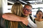 27 July 2025; Ellis McHugh with her father Gareth on her return to Dublin Aiport from the 2025 European Youth Summer Olympic Festival in Skopje, North Macedonia. Photo by Tyler Miller/Sportsfile