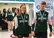 27 July 2025; Ellis McHugh, left, and Joe Burke on their return to Dublin Aiport from the 2025 European Youth Summer Olympic Festival in Skopje, North Macedonia. Photo by Tyler Miller/Sportsfile