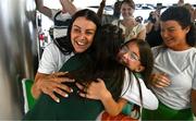 27 July 2025; Erin Friel with her mother Vanessa and cousin Lucy on her return to Dublin Aiport from the 2025 European Youth Summer Olympic Festival in Skopje, North Macedonia. Photo by Tyler Miller/Sportsfile