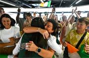 27 July 2025; Erin Friel with her auntie Angela on her return to Dublin Aiport from the 2025 European Youth Summer Olympic Festival in Skopje, North Macedonia. Photo by Tyler Miller/Sportsfile