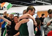 27 July 2025; Ben Sykes with his mother Gillian on his return to Dublin Aiport from the 2025 European Youth Summer Olympic Festival in Skopje, North Macedonia. Photo by Tyler Miller/Sportsfile