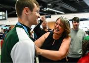27 July 2025; Ben Sykes with his mother Gillian on his return to Dublin Aiport from the 2025 European Youth Summer Olympic Festival in Skopje, North Macedonia. Photo by Tyler Miller/Sportsfile