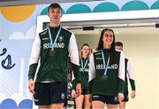 27 July 2025; Ben Sykes, left, and Erin Friel on their return to Dublin Aiport from the 2025 European Youth Summer Olympic Festival in Skopje, North Macedonia. Photo by Tyler Miller/Sportsfile