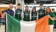 27 July 2025; Team Ireland medalists, from left, Ben Sykes, Ellis McHugh, Erin Friel and Joe Burke with Athletics Ireland president Bríd Golden, right, and Olympic Federation of Ireland president Lochlann Walsh upon their return to Dublin Aiport from the 2025 European Youth Summer Olympic Festival in Skopje, North Macedonia. Photo by Tyler Miller/Sportsfile