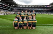 27 July 2025; The Kerry team, back row, left to right, Eabha Moynihan, Holy Family, Rathmore, Kerry, Emily Kavanagh, St Colman's NS, Mucklagh, Offaly, Eimear Farrell, St Oliver Plunkett PS, Blackcastle, Meath, Ellie Dooley, Herbertstown NS, Herbertstown, Limerick, Ella Roche, Moveen NS, Kilkee, Clare, front row, left to right, Zoe Dunne, Scoil Mhuire, Allenwood, Kildare, Bailee Bolton, St Fiacc's NS, Graiguecullen, Laois, Emmy Millea, St Aidan's NS, Kilmanagh, Kilkenny, Bláthnaid Ní Mhochán, Scoil Lachtaín Naofa, Cill na Martra, Cork, Niamh Fanning, St Laurence O'Toole's NS, Roundwood, Wicklow, before the GAA INTO Cumann na mBunscol Respect Exhibition Go Games at the GAA Football All-Ireland Senior Championship final match between Kerry and Donegal at Croke Park in Dublin. Photo by Daire Brennan/Sportsfile