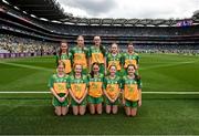 27 July 2025; The Donegal team, back row, left to right, Grace McGonigle, Gaelscoil Cois Feabhaill, Moville, Donegal, Rebecca Farrell, St Patrick's NS, Castleknock, Dublin, Teegan Fahy, Clonberne NS, Clonberne, Galway, Úna Kilkenny, St Mary's PS, Mullaghbawn, Armagh, Grainne Owens, St Matthew's PS, Castlewellan, Down, front row, left to right, Orla Cunningham, St Ita's PS, Belfast, Antrim, Avril Gilmartin, St Brigid's NS, Drumcong, Leitrim, Lucy Murphy, Breaffy NS, Breaffy, Mayo, Naoise O'Brien, Rathcormac NS, Sligo, Lara Waine, St Pius X GNS, Terenure, Dublin, before the GAA INTO Cumann na mBunscol Respect Exhibition Go Games at the GAA Football All-Ireland Senior Championship final match between Kerry and Donegal at Croke Park in Dublin. Photo by Daire Brennan/Sportsfile