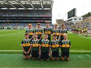 27 July 2025; The Kerry team, back row, left to right, Michael Kenny, Casey Cloneen NS, Clonmel, Tipperary, Henry Hegarty, Gaelscoil Bheanntraí, Beanntraí, Co. Chorcaí, Jamie Henry, Collon NS, Collon, Louth, Keelan Sweeney, St Andrew's NS, Curragha, Meath, Nicky Hayes, Murrintown NS, Murrintown, Wexford, front row, left to right, Kevin Og Coffey, Our Lady of Mercy NS, Stradbally, Waterford, Kevin Woulfe, Scoil Naomh Iósaf, Baltinglass, Wicklow, Rogan Ó Móra, Gaelscoil an Mhuilinn, An Muileann gCearr, Iarmhí, James O'Toole, Scoil Phádraig Naofa, Tullow, Carlow, CJ Burke, St Joseph's NS, Mardyke, Cork, before the GAA INTO Cumann na mBunscol Respect Exhibition Go Games at the GAA Football All-Ireland Senior Championship final match between Kerry and Donegal at Croke Park in Dublin. Photo by Daire Brennan/Sportsfile