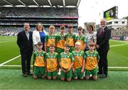 27 July 2025; Cumann na mBunscol Gary Farrell, LGFA president Trina Murray, INTO President Anne Horan, Uachtarán Chumann Lúthchleas Gael Jarlath Burns, with the Donegal team, back row, left to right, Daithí Farrell, Scoil Bhríde, Fourmilehouse, Roscommon, Pierce Moran, Scoil Mhuire, Carrick-on-Shannon, Leitrim, Timmy Sheehan, Bishop Galvin NS, Templeogue, Dublin, Oisín Lynch, St Mary's NS, Virginia, Cavan, front row, left to right, Calum Clarke, Scoil Mhuire agus Iosaf, Collooney, Sligo, Marc Ó Gairbhí, Gaelscoil Ultain, Baile Mhuineacháin, Co. Mhuineacháin, Michael Harte, St Malachy's PS, Ballygawley, Tyrone, Callan McGovern, St Kilian's SNS, Tallaght, Dublin, Timmy Sheehan, Bishop Galvin NS, Templeogue, Dublin, before the GAA INTO Cumann na mBunscol Respect Exhibition Go Games at the GAA Football All-Ireland Senior Championship final match between Kerry and Donegal at Croke Park in Dublin. Photo by Daire Brennan/Sportsfile