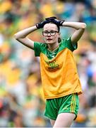 27 July 2025; Teegan Fahy, Clonberne NS, Clonberne, Galway, representing Donegal, during the GAA INTO Cumann na mBunscol Respect Exhibition Go Games at the GAA Football All-Ireland Senior Championship final match between Kerry and Donegal at Croke Park in Dublin. Photo by Seb Daly/Sportsfile