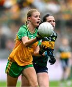 27 July 2025; Rebecca Farrell, St Patrick's NS, Castleknock, Dublin, representing Donegal, during the GAA INTO Cumann na mBunscol Respect Exhibition Go Games at the GAA Football All-Ireland Senior Championship final match between Kerry and Donegal at Croke Park in Dublin. Photo by Seb Daly/Sportsfile