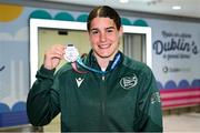 28 July 2025; Women's hammer throw silver medallist Nicola Tuthill, from Kilbrittain in Cork, representing University College Dublin and Ireland, upon her arrival at Dublin Airport from the 2025 FISU World University Games at in Rhine-Ruhr, Germany. Photo by Shauna Clinton/Sportsfile