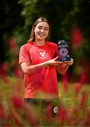 30 July 2025; Kate Mooney of Shelbourne pictured with her SSE Airtricity Women’s Premier Division Player of the Month Award for June/July at Our Lady's Park, Drumcondra in Dublin. Photo by Sam Barnes/Sportsfile