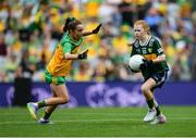 27 July 2025; Bailee Bolton, St Fiacc's NS, Graiguecullen, Laois, representing Kerry, and Grace McGonigle, Gaelscoil Cois Feabhaill, Moville, Donegal, during the GAA INTO Cumann na mBunscol Respect Exhibition Go Games at the GAA Football All-Ireland Senior Championship final match between Kerry and Donegal at Croke Park in Dublin. Photo by Stephen McCarthy/Sportsfile