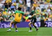 27 July 2025; Bailee Bolton, St Fiacc's NS, Graiguecullen, Laois, representing Kerry, and Grace McGonigle, Gaelscoil Cois Feabhaill, Moville, Donegal, during the GAA INTO Cumann na mBunscol Respect Exhibition Go Games at the GAA Football All-Ireland Senior Championship final match between Kerry and Donegal at Croke Park in Dublin. Photo by Stephen McCarthy/Sportsfile