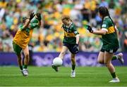 27 July 2025; Bailee Bolton, St Fiacc's NS, Graiguecullen, Laois, representing Kerry, and Grace McGonigle, Gaelscoil Cois Feabhaill, Moville, Donegal, during the GAA INTO Cumann na mBunscol Respect Exhibition Go Games at the GAA Football All-Ireland Senior Championship final match between Kerry and Donegal at Croke Park in Dublin. Photo by Stephen McCarthy/Sportsfile
