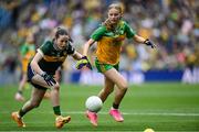 27 July 2025; Ella Roche, Moveen NS, Kilkee, Clare, representing Kerry, and Rebecca Farrell, St Patrick's NS, Castleknock, Dublin, representing Donegal, during the GAA INTO Cumann na mBunscol Respect Exhibition Go Games at the GAA Football All-Ireland Senior Championship final match between Kerry and Donegal at Croke Park in Dublin. Photo by Stephen McCarthy/Sportsfile