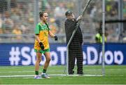 27 July 2025; Grace McGonigle, Gaelscoil Cois Feabhaill, Moville, Donegal, during the GAA INTO Cumann na mBunscol Respect Exhibition Go Games at the GAA Football All-Ireland Senior Championship final match between Kerry and Donegal at Croke Park in Dublin. Photo by Stephen McCarthy/Sportsfile