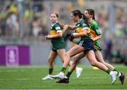 27 July 2025; Eabha Moynihan, Holy Family, Rathmore, Kerry, and Grainne Owens, St Matthew's PS, Castlewellan, Down, representing Donegal, during the GAA INTO Cumann na mBunscol Respect Exhibition Go Games at the GAA Football All-Ireland Senior Championship final match between Kerry and Donegal at Croke Park in Dublin. Photo by Stephen McCarthy/Sportsfile