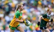 27 July 2025; Rebecca Farrell, St Patrick's NS, Castleknock, Dublin, representing Donegal, during the GAA INTO Cumann na mBunscol Respect Exhibition Go Games at the GAA Football All-Ireland Senior Championship final match between Kerry and Donegal at Croke Park in Dublin. Photo by Stephen McCarthy/Sportsfile