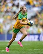 27 July 2025; Rebecca Farrell, St Patrick's NS, Castleknock, Dublin, representing Donegal, during the GAA INTO Cumann na mBunscol Respect Exhibition Go Games at the GAA Football All-Ireland Senior Championship final match between Kerry and Donegal at Croke Park in Dublin. Photo by Stephen McCarthy/Sportsfile