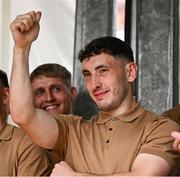 28 July 2025; Kerry player Paudie Clifford gestures to the crowd during homecoming celebrations in Tralee for Kerry, the All-Ireland Senior Football Champions, after their victory over Donegal in the GAA Football All-Ireland Senior Championship final at Croke Park on Sunday. Photo by Piaras Ó Mídheach/Sportsfile