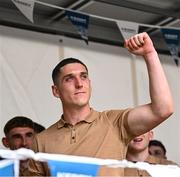 28 July 2025; Kerry player Joe O'Connor gestures to the crowd during homecoming celebrations in Tralee for Kerry, the All-Ireland Senior Football Champions, after their victory over Donegal in the GAA Football All-Ireland Senior Championship final at Croke Park on Sunday. Photo by Piaras Ó Mídheach/Sportsfile
