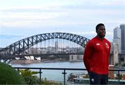 29 July 2025; British & Irish Lions captain Maro Itoje poses for a portrait in front of Sydney Harbour Bridge after a British & Irish Lions squad media conference at Shore School in Sydney, Australia. Photo by Brendan Moran/Sportsfile