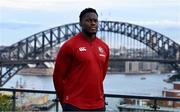 29 July 2025; British & Irish Lions captain Maro Itoje poses for a portrait in front of Sydney Harbour Bridge after a British & Irish Lions squad media conference at Shore School in Sydney, Australia. Photo by Brendan Moran/Sportsfile