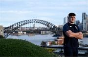 29 July 2025; Dan Sheehan poses for a portrait in front of Sydney Harbour Bridge after a British & Irish Lions squad media conference at Shore School in Sydney, Australia. Photo by Brendan Moran/Sportsfile Photo by Brendan Moran/Sportsfile