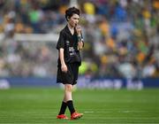 27 July 2025; Referee Daire Horgan, Holy Child Boys NS, Larkhill Road, Dublin, during the GAA INTO Cumann na mBunscol Respect Exhibition Go Games at the GAA Football All-Ireland Senior Championship final match between Kerry and Donegal at Croke Park in Dublin. Photo by Ray McManus/Sportsfile