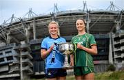 29 July 2025; In attendance during a photocall at Croke Park in Dublin ahead of the 2025 TG4 All-Ireland Ladies Football Championship Finals are Dublin captain Carla Rowe, left, and Meath captain Aoibhín Cleary. The 2025 TG4 All-Ireland Ladies Football Championship Finals take place at Croke Park this Sunday. Photo by Ramsey Cardy/Sportsfile