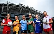 29 July 2025; In attendance during a photocall at Croke Park in Dublin ahead of the 2025 TG4 All-Ireland Ladies Football Championship Finals are, from left, Louth captain Áine Breen, Antrim captain Bronagh Devlin, Dublin captain Carla Rowe, Meath captain Aoibhín Cleary, Laois captain Andrea Moran and Tyrone captain Aoibhinn McHugh. The 2025 TG4 All-Ireland Ladies Football Championship Finals take place at Croke Park this Sunday. Photo by Ramsey Cardy/Sportsfile